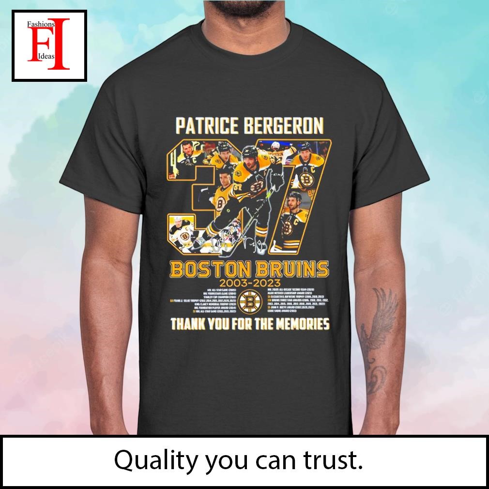 Patrice Bergeron 2003 2023 thank you for the memories signature shirt,  hoodie, sweater, long sleeve and tank top